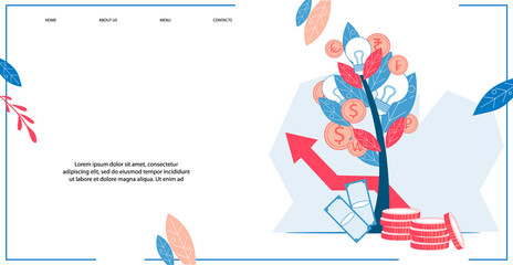 Business growth and successful investments concept of webpage interface with money tree and other symbols of wealth and success, flat vector illustration. Investments and financial planning website.