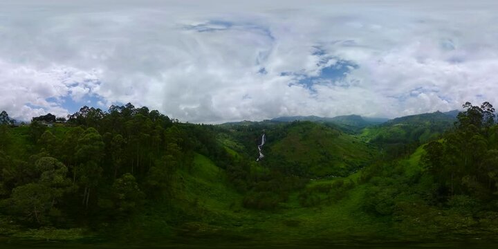 Waterfall in the jungle. Devon Falls in a mountain gorge. Sri Lanka. 360VR Video.