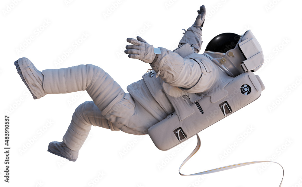 Wall mural astronaut with safety tether flying in outer space, isolated on white background