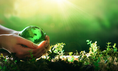 Environment day, save clean planet, ecology concept. Earth Day.Hand holding crystal earth globe.Renewable energy-based green businesses can limit climate change and global warming. - obrazy, fototapety, plakaty