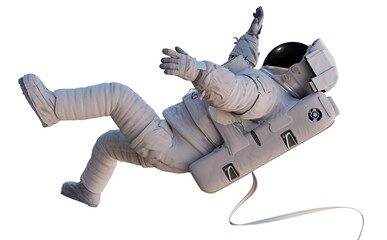 astronaut with safety tether flying in outer space, isolated on white background  - obrazy, fototapety, plakaty