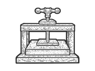 Vintage screw book press sketch engraving raster illustration. T-shirt apparel print design. Scratch board imitation. Black and white hand drawn image.
