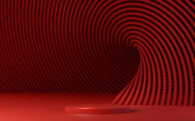 Red podium with abstract circular geometric pattern on red background