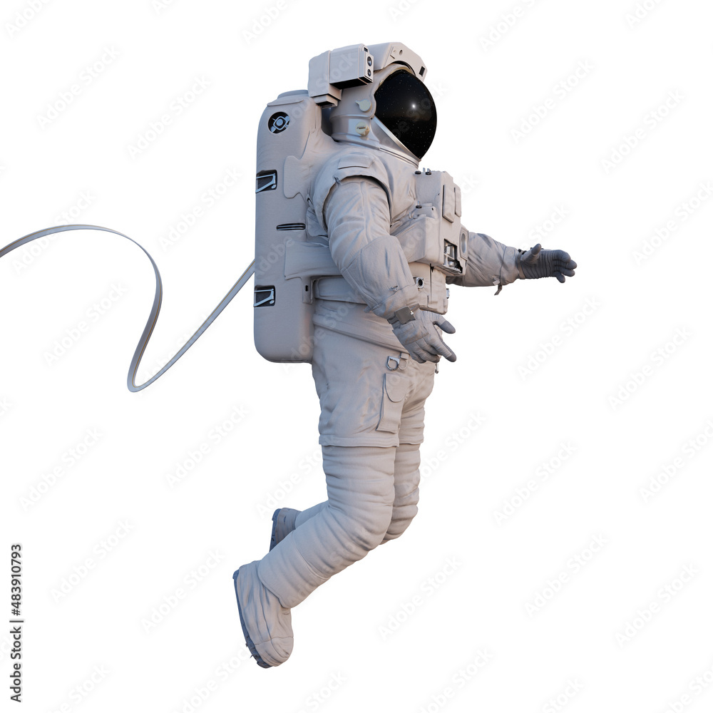 Wall mural astronaut with safety tether flying in outer space, isolated on white background