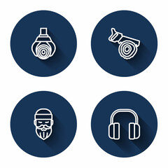 Set line Grapple crane grabbed a log, Hand saw and, Lumberjack and Headphones with long shadow. Blue circle button. Vector