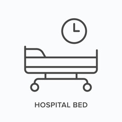 Hospital bed flat line icon. Vector outline illustration of clinical gurney. Black thin linear pictogram for hospital equipment