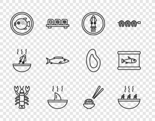 Set line Lobster, Soup with shrimps, Octopus on a plate, Shark fin soup, Puffer fish, Fish, Sushi and Canned icon. Vector