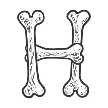 letter H made of bones sketch engraving raster illustration. Bones font. T-shirt apparel print design. Scratch board imitation. Black and white hand drawn image.