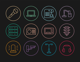 Set line Headphones, Traffic light, Coffee machine, Radio, Server, Data, Web Hosting, Microphone, Microwave oven and Laptop icon. Vector