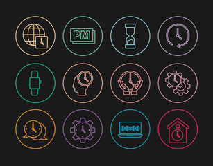 Set line Retro wall watch, Time Management, Old hourglass, Smartwatch, World time, Clock and PM icon. Vector