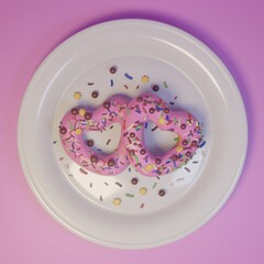 two glazed donuts with colorful sprinkles in the shape of hearts on a white plate - pink background - yummy - valentine's day - 3d render illustration