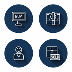 Set line Buy button, Stacks paper money cash, Happy customer and Sold with long shadow. Blue circle button. Vector