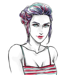 Fashion illustration, woman portrait, using cosmetic, hairdressing