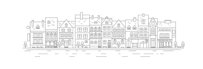 City street with buildings in front.Neighborhood line art house. Urban minimalism scene in flat style.