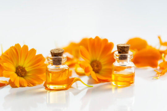 Calendula officinalis oil in transparent bottles next to flowers