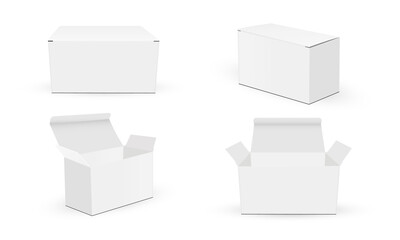 Set of Rectangular Packaging Boxes Mockup, Front, Side View, Opened, Closed Lid, Isolated on White Background. Vector Illustration