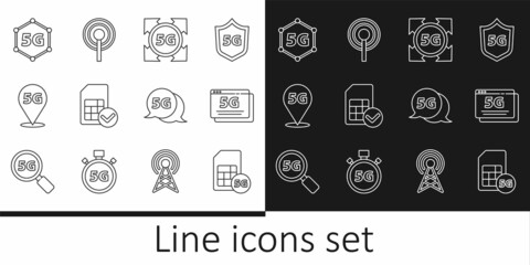 Set line 5G Sim Card, network, card, Location, and Antenna icon. Vector