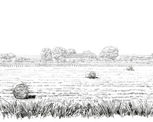 Countryside landscape sketch design silhouette. Hand drawn vector illustration - 483912196