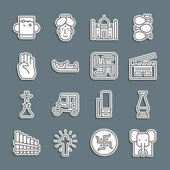Set line Elephant, Indian vase, Bollywood indian cinema, Taj Mahal, shoes, symbol hand, Cup of tea leaf and Hindu swastika icon. Vector