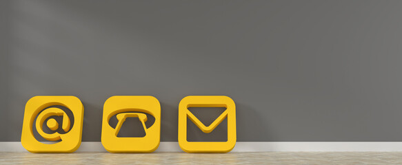 Yellow contact icons  in a grey room with space for your text, 3d rendering