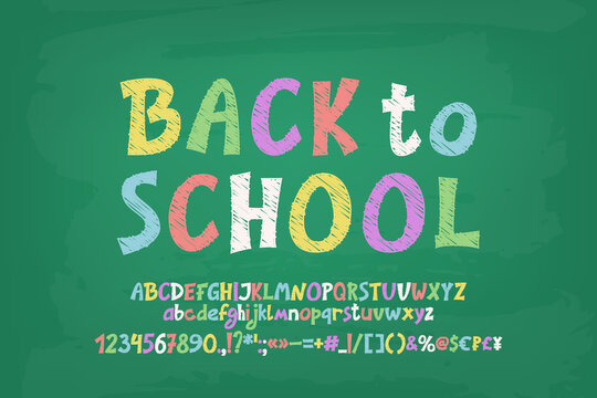 Bright banner Back to School, chalk letters on green chalkboard. Hand-drawn English font set for cartoon kids design