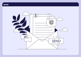 E-mail marketing and news letter advertising concept. Communication concept, sharing spam, information dissemination, business promotion, sending email in flat layout style.
