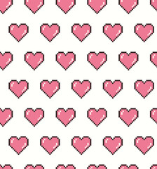 Seamless pattern with cute cartoon hearts. Pixel art vector illustration. Retro computer screen design concept. Simple shape and colors. Love and Valentine day symbol