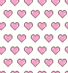 Seamless pattern with cute cartoon hearts. Pixel art vector illustration. Retro computer screen design concept. Simple shape and colors. Love and Valentine day symbol