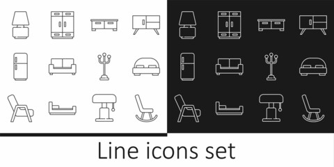 Set line Armchair, Big bed, Chest of drawers, Sofa, Refrigerator, Table lamp, Coat stand and Wardrobe icon. Vector
