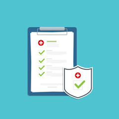 Health insurance. Medical document and shield with check mark. Medical insurance benefits. Vector illustration
