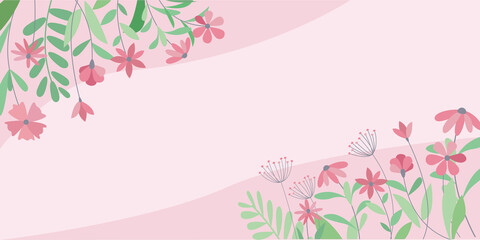 Spring floral illustration. Flowers and green leaves decorative illustration for spring background, banner, graphic design. Hello spring, Spring time vector illustration.