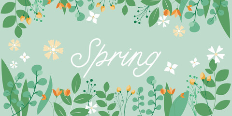 Spring floral illustration. Flowers and green leaves decorative illustration for spring background, banner, graphic design. Hello spring, Spring time vector illustration.
