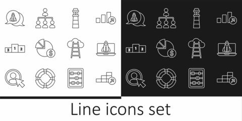 Set line Financial growth, Startup project concept, Lighthouse, Pie chart and dollar, Business podium, Stair with finish flag and Hierarchy organogram icon. Vector