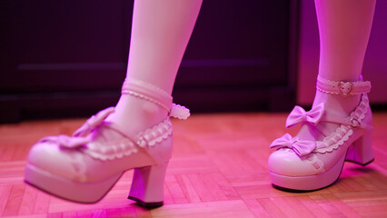 Pink maid high heels girly retro bow decoration shoes walk