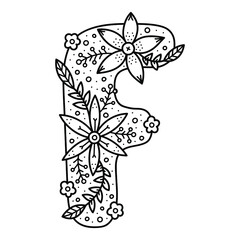 Floral alphabet. Colorless doodle letter F. Coloring book for adults and kids.