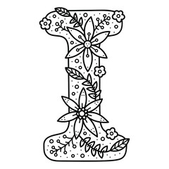 Floral alphabet. Colorless doodle letter I. Coloring book for adults and kids.
