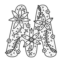 Floral alphabet. Colorless doodle letter M. Coloring book for adults and kids.