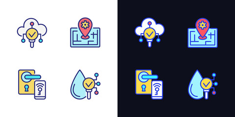 Fototapeta premium IoT technologies pixel perfect light and dark theme color icons set. Remote lock access. Internet of Things. Simple filled line drawings. Bright cliparts on white and black. Editable stroke