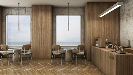 Cafe shop design Modern and Minimal,Wood counter,Wall back counter concrete,Coffee equipment ,Metal table,Wood metal chair,Metal frames windows,Wood floors -3D render