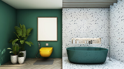 Bathroom design modern minimal,Granite stone wall,Green bathtub,Green wall,Yellow flush toilet,Wood floors,Mockup wood frame -3D render