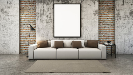 Livingroom style Loft,White sofa,Side table black metal,Floor lamp black metal,Black frame mock up on concrete wall,Brick wall,Concrete floors-3D render