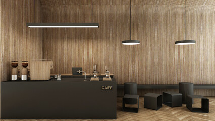 Cafe shop design Modern and Minimal,Counter black color,Wall back counter wood,Coffee equipment wood color,Stool black color,Wood floors -3D render