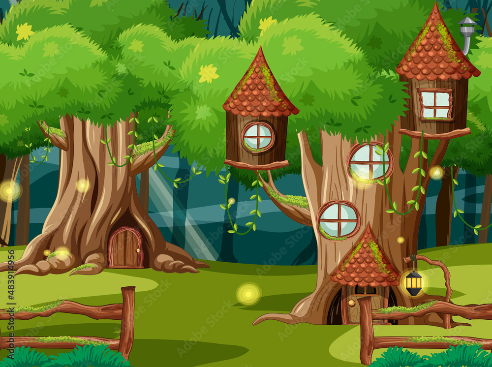 Poster fantasy forest background with tree houses