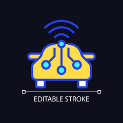 Smart car pixel perfect RGB color icon for dark theme. Remote access to automobile control. Internet of Things. Simple filled line drawing on night mode background. Editable stroke. Arial font used