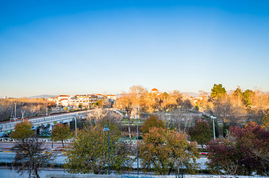 View of the city center and the bridge of the River Pinios in Larissa. 