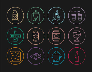 Set line Plastic beer bottle, Glass of, Beer tap with glass, can, Bottle opener, and brewing process icon. Vector