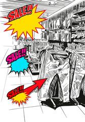 Fashion store hand drawn sketch interior design. Vector illustration