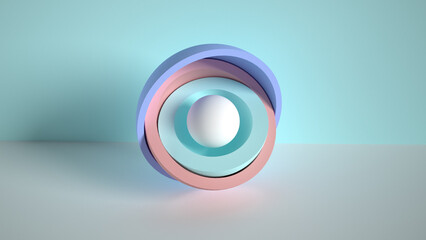 3d minimal motion design, ball hidden inside colorful hemispheres, layers opening. Simple geometric objects, primitive shapes isolated on pink background. Live image, modern animated poster.