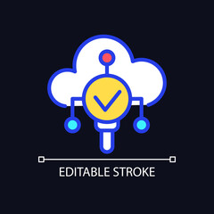 Weather monitoring pixel perfect RGB color icon for dark theme. Cloud storage technology. Internet of Things. Simple filled line drawing on night mode background. Editable stroke. Arial font used