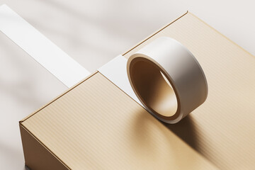 A roll of white electrical tape and a cardboard box. Mock up. 3d rendering